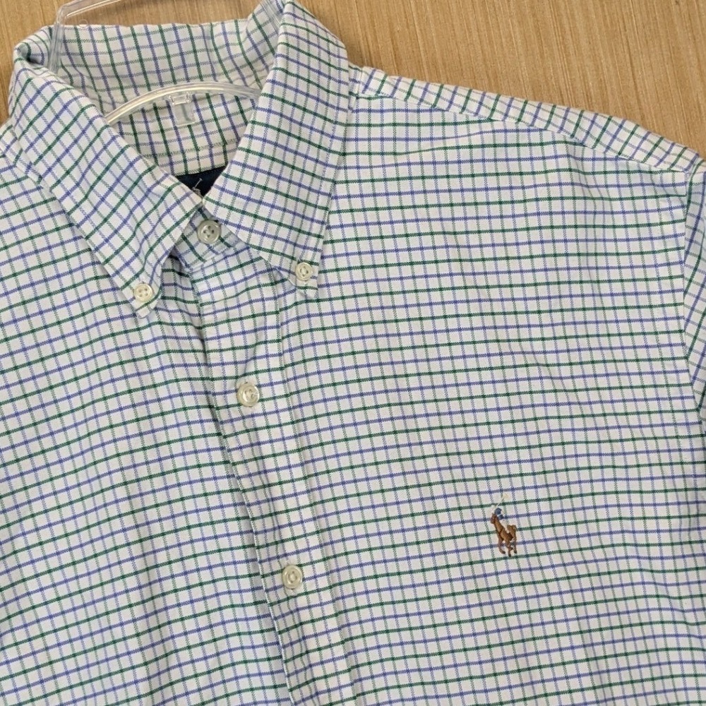 Ralph Lauren Classic Fit Button Down Shirt Mens 16 1/2 Blue Green Checkered Polo